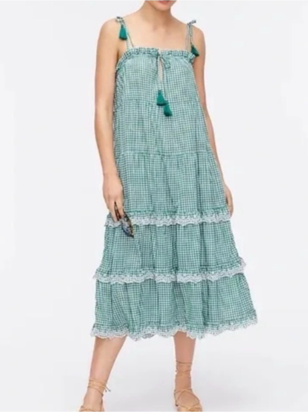 J. Crew Green Gingham Tiered Midi Dress with Tassel Straps